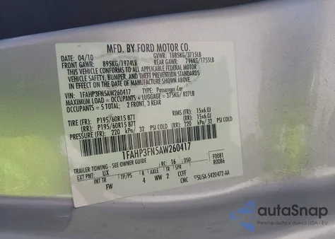 2010 Ford Focus Se из США, поврежденный, VIN 1FAHP3FN5AW260417